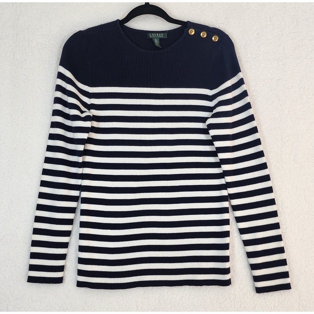 Lauren Ralph Lauren Cotton Knit Sweater Sz L White Blue Nautical Preppy